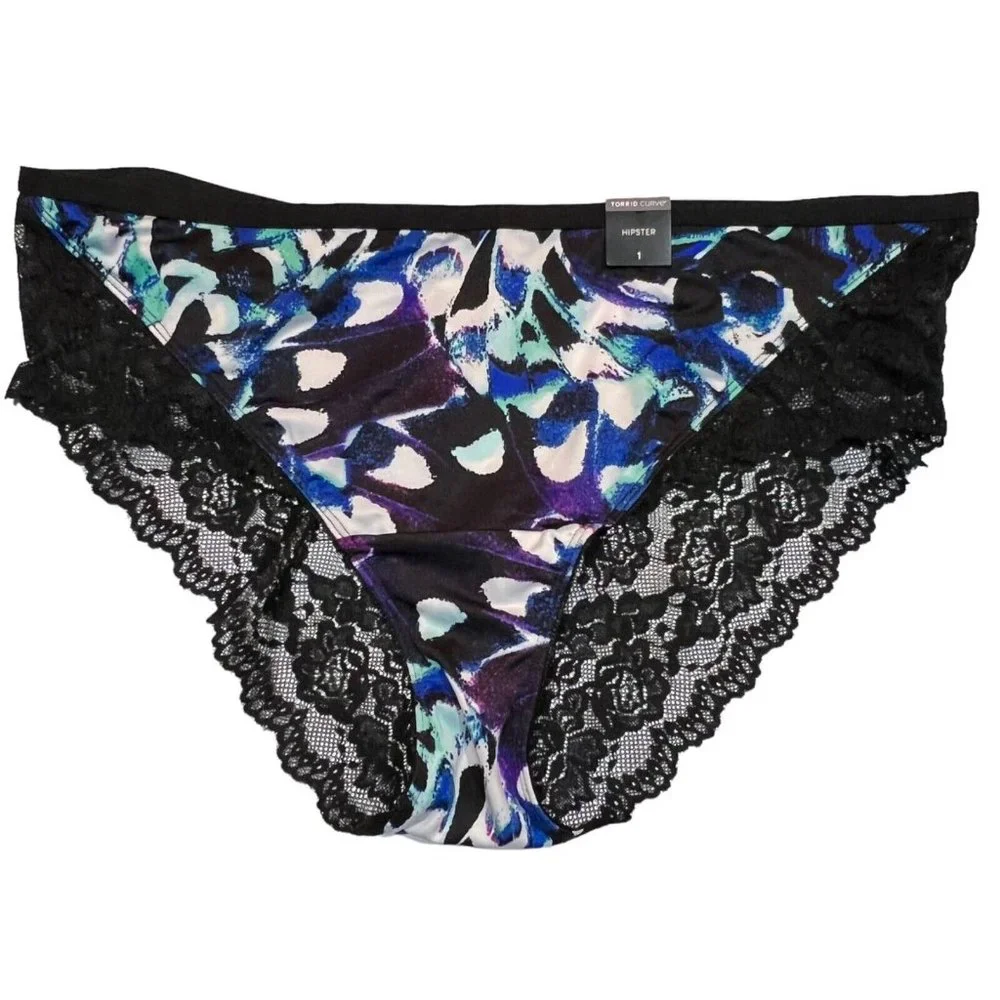 NWT TORRID Hipster Pantie Sz 1X Black Lace Back Silky Purple Blue